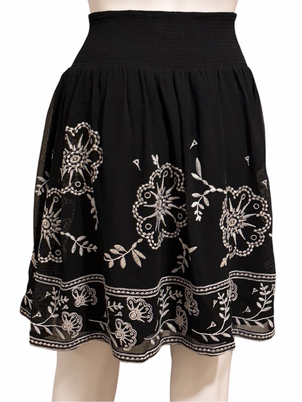 NWT White House Black Market Black Embroidered Smocked Midi Skirt Small